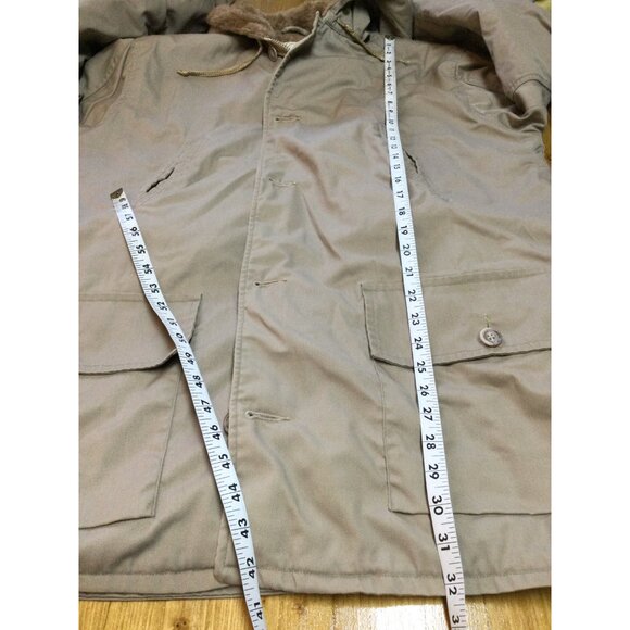 Vintage LL Bean Mens Fur Lined Parka Coat Size 44 Tan Chore Barn Work - Picture 7 of 12